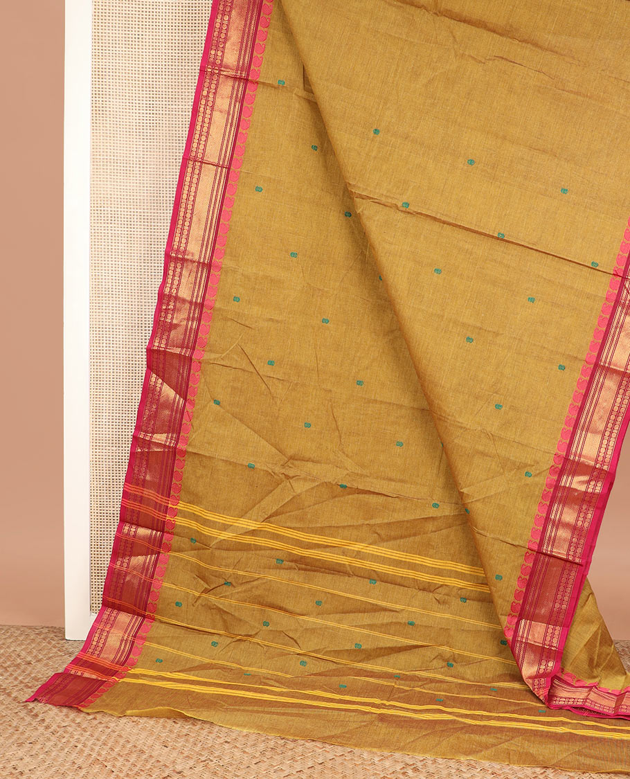 Mustrad thread buttas Chettinad cotton saree, contrast traditional design border, and striped pallu