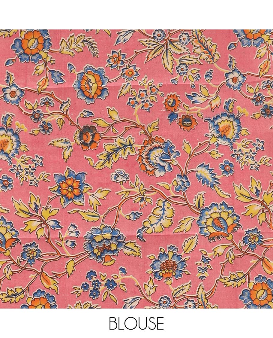 Grey checked Mangalagiri cotton saree with contrast border, striped pallu, and a contrast kalamkari floral printed blouse