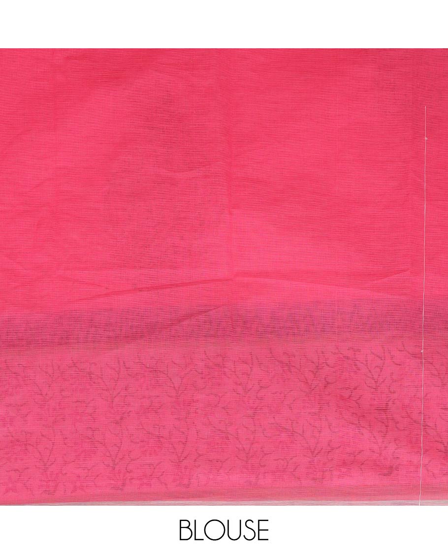 Pink peacock motifs printed chirala cotton saree, contrast temple and floral vine printed border, and pallu of stripes and peacock print