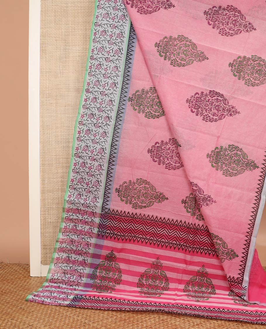 Pink peacock motifs printed chirala cotton saree, contrast temple and floral vine printed border, and pallu of stripes and peacock print