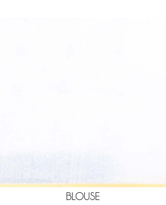 White and denim blue motifs printed linen cotton saree, contrast temple geometric patterns printed border, and pallu of human doll and geometric print