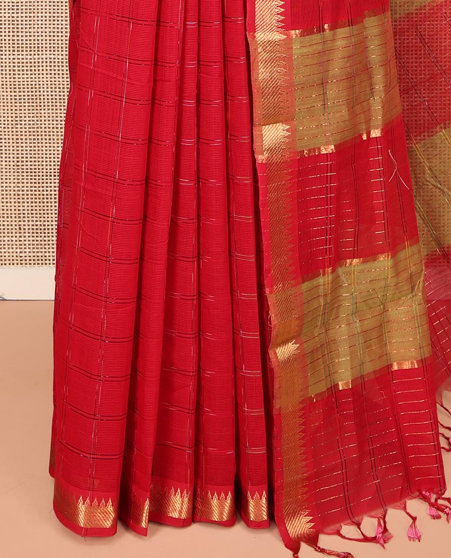 Red Mangalgiri Cotton Saree, Subtly Sparkled with Checked Design on Its Body, Zari Temple Border, Zari-Striped Pallu, and Paired with a Contrast Blouse
