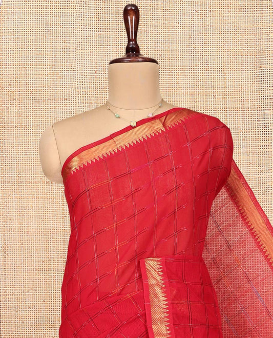 Red Mangalgiri Cotton Saree, Subtly Sparkled with Checked Design on Its Body, Zari Temple Border, Zari-Striped Pallu, and Paired with a Contrast Blouse