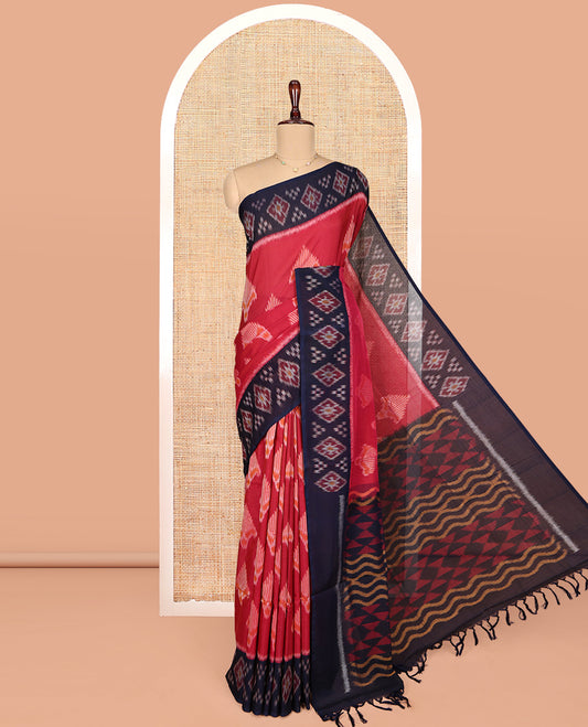Red Ikkat Cotton Saree, Decorated with Ikkat-style Buttas All Over Its Body, Complemented by a Contrast Ikkat-Textured Border, Pallu of Geometric Patterns, and Paired with a Contrast Blouse