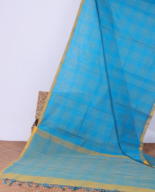 Blue checked design khadi cotton saree with contrast striped border & checked design pallu