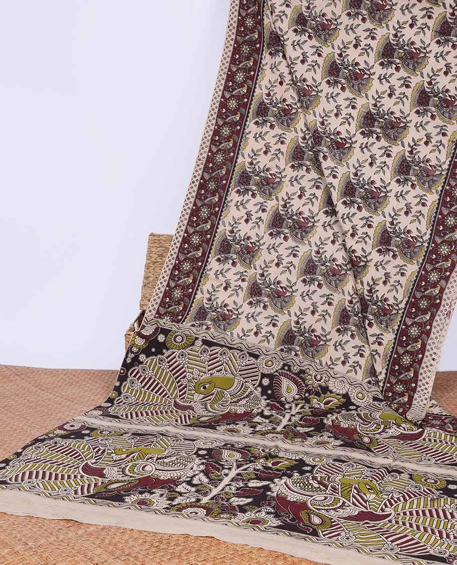 Blue animal motifs machine printed kalamkari cotton saree with contrast border & peacock design pallu