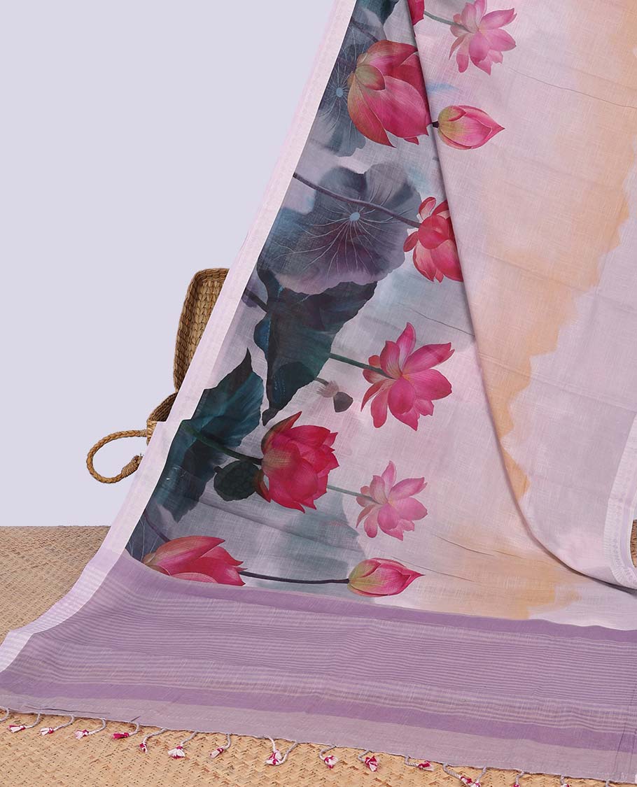 Multi-color floral print chirala cotton saree with contrast border & striped pallu