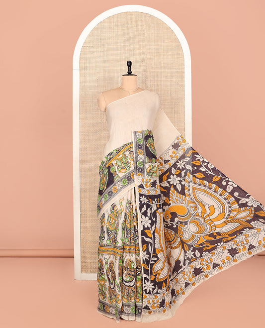 Borderless Sandal Kalamkari Cotton Saree Features Ancient Human Motifs Print, Contrast Pallu of Peacock Motifs, and a Matching Blouse