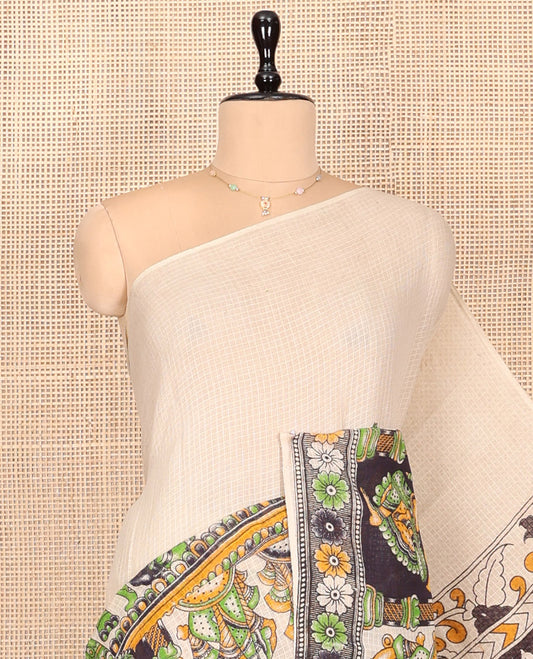Borderless Sandal Kalamkari Cotton Saree Features Ancient Human Motifs Print, Contrast Pallu of Peacock Motifs, and a Matching Blouse