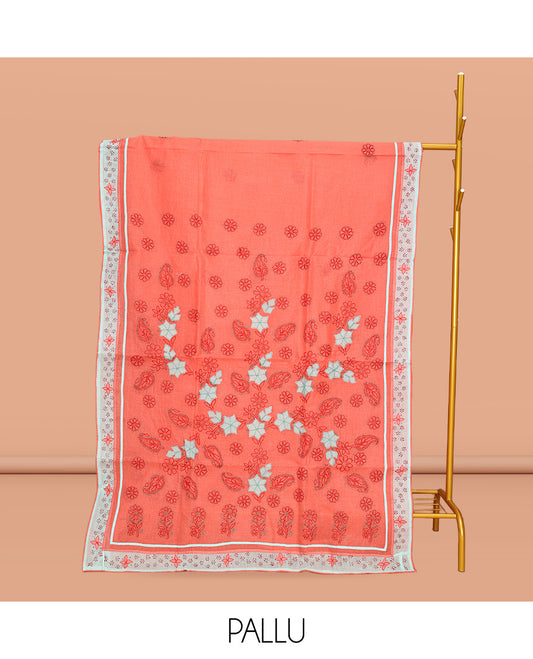 Dark Peach Lucknowi Chikankari Saree