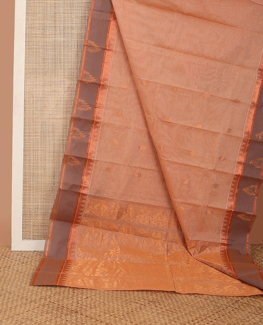 Sandal circle motifs kanchi cotton saree, contrast zari temple border of peacock designs & floral design pallu