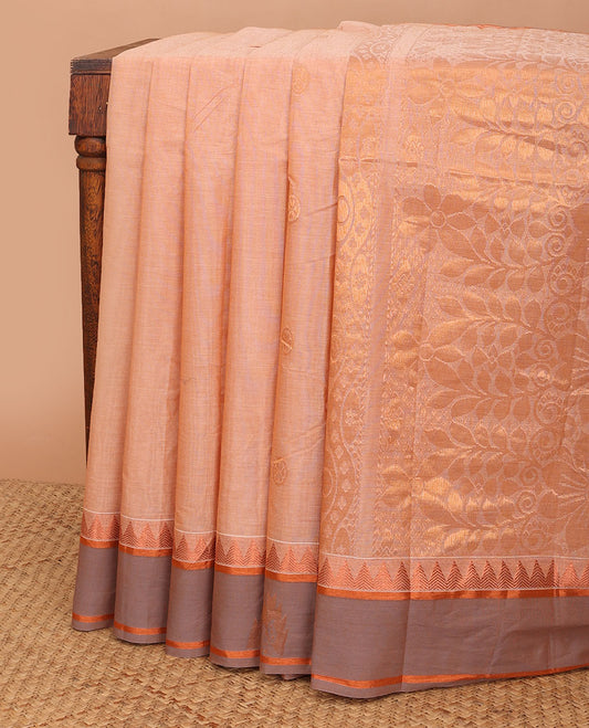 Sandal circle motifs kanchi cotton saree, contrast zari temple border of peacock designs & floral design pallu
