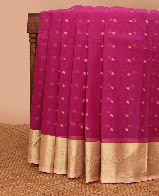Hot pink buttas Bengal cotton saree, contrast paisley creeper zari border & pallu of buttas & stripes