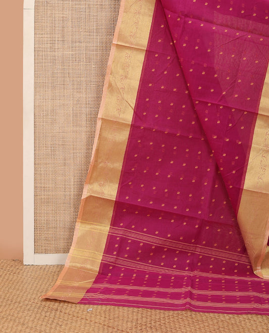 Hot pink buttas Bengal cotton saree, contrast paisley creeper zari border & pallu of buttas & stripes