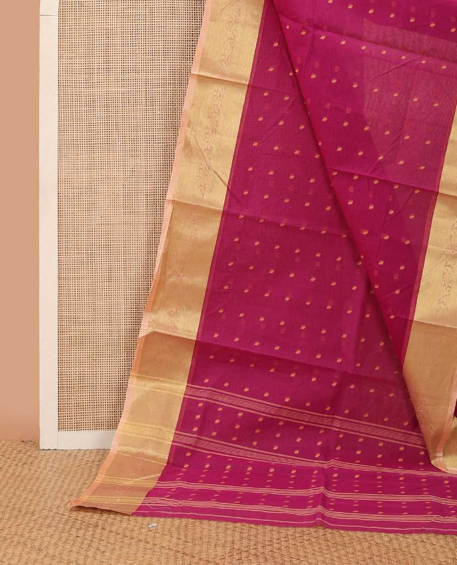Hot pink buttas Bengal cotton saree, contrast paisley creeper zari border & pallu of buttas & stripes
