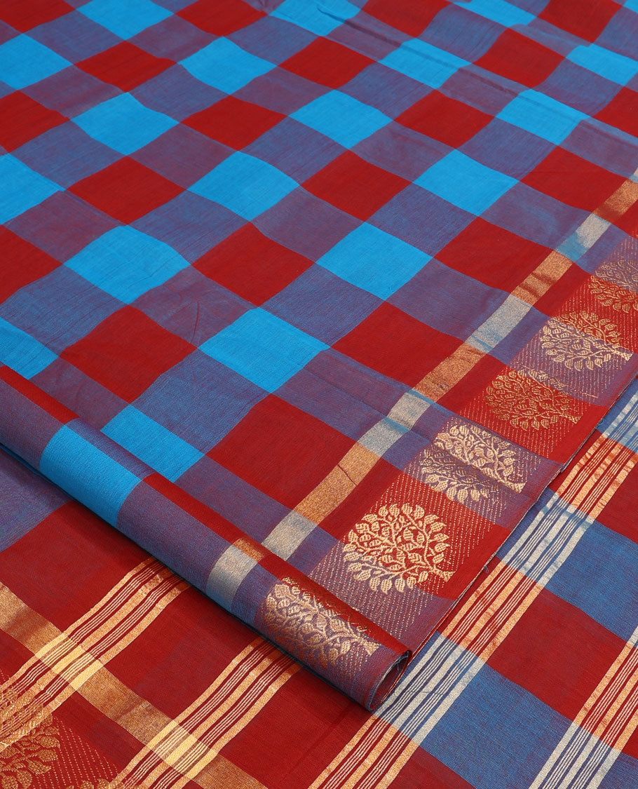 Multi-color checked nine-yard cotton saree, zari border of tree designs, and striped pallu
