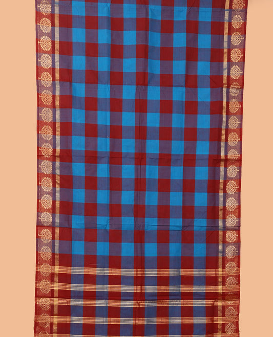 Multi-color checked nine-yard cotton saree, zari border of tree designs, and striped pallu