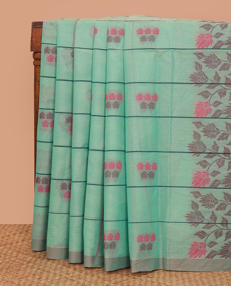 Pale green stripes, and leaf motifs Kanchi cotton saree, plain border, and floral vine design pallu