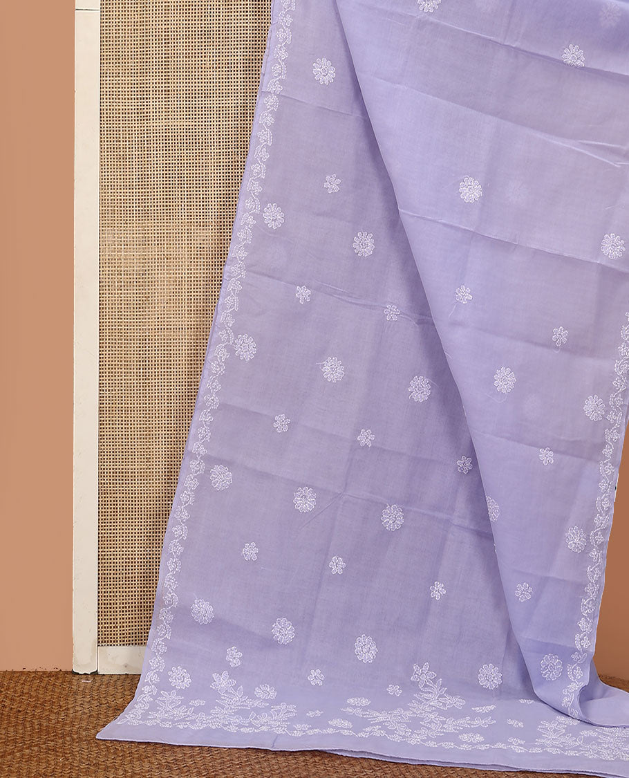 Lavender floral thread embroidered buttas Lucknowi chikankari saree, floral creeper thread embroidered border, and floral embroidered pallu