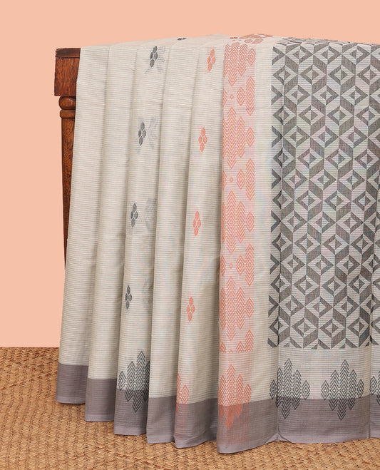 Beige Kanchi Cotton Saree, Delicately Woven with Diamond Buttas All Over Its Body, Complemented by Contrast Border of Diamond Motifs, Pallu of Geometric Designs, and Paired with a Matching Blouse