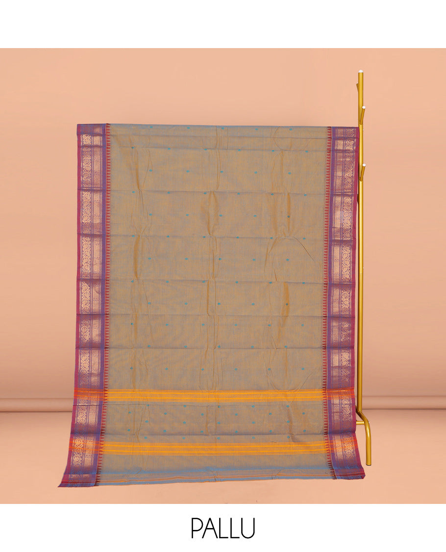 Grey Chettinad Cotton Saree, Sparsely Threaded with Thread Buttas All Over Its Body, Complemented by a Contrast Traditional Zari Design Woven Temple Border, Pallu of Stripes, and Paired with a Matching Blouse
