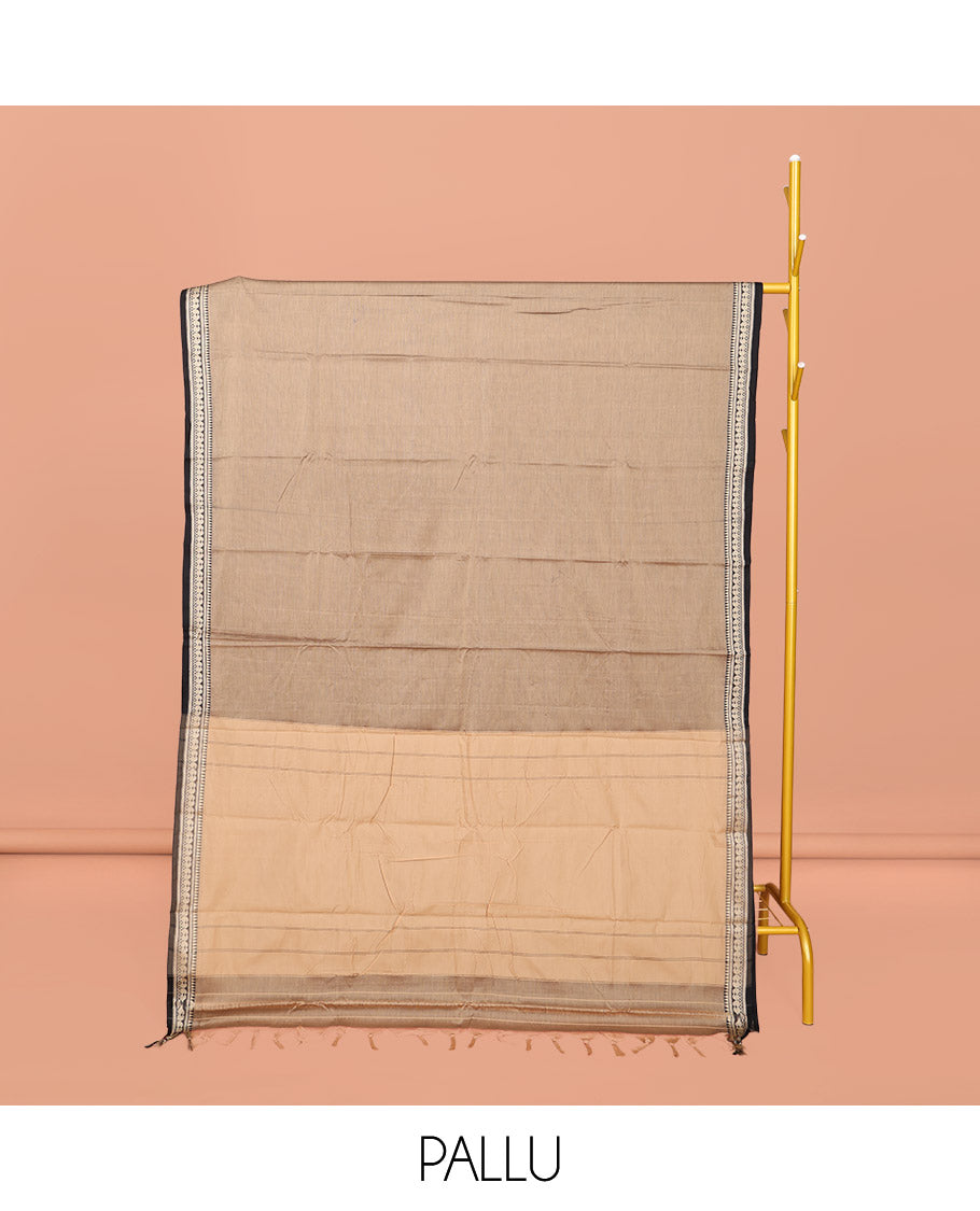 Beige Plain Narayanpet Cotton Saree, Complemented by a Contrast Traditional Design Border, Plain Pallu, and Comes Without a Blouse