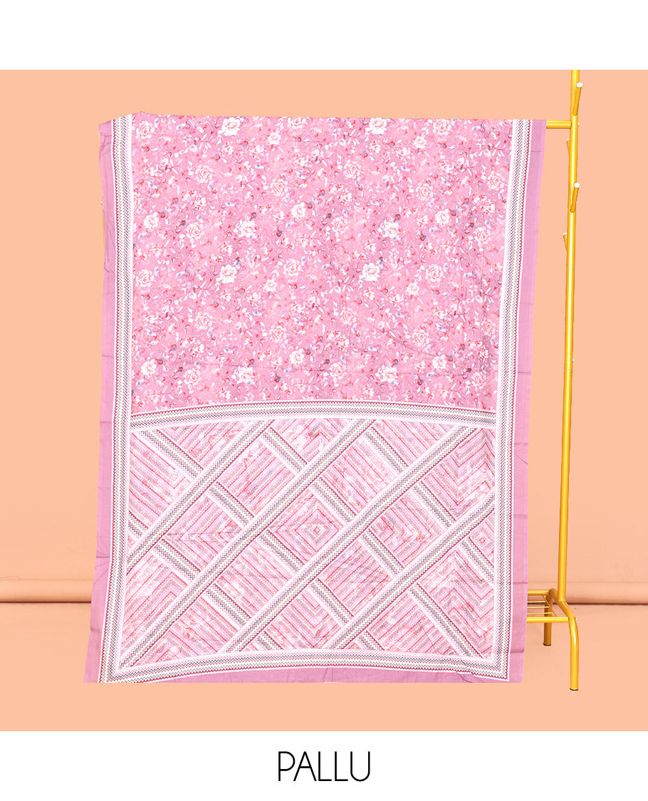 Pink Mul Mul Cotton Saree, Detailed with a Floral Print, a Subtle Chevron Border, Geometric-Printed Pallu, and a Matching Blouse