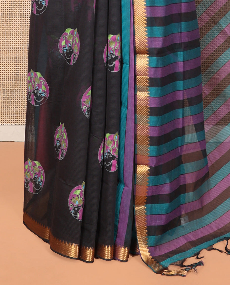 Black Andhra Cotton Saree, Boldly Accentuated with Pichwai Cow Buttas, Highlighted by a Zari Temple Border, Striped Pallu, and a Contrast Blouse
