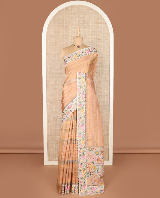 Pastel orange dobby-style buttas dola silk saree, contrast floral embroidered scallop border, and floral printed pallu