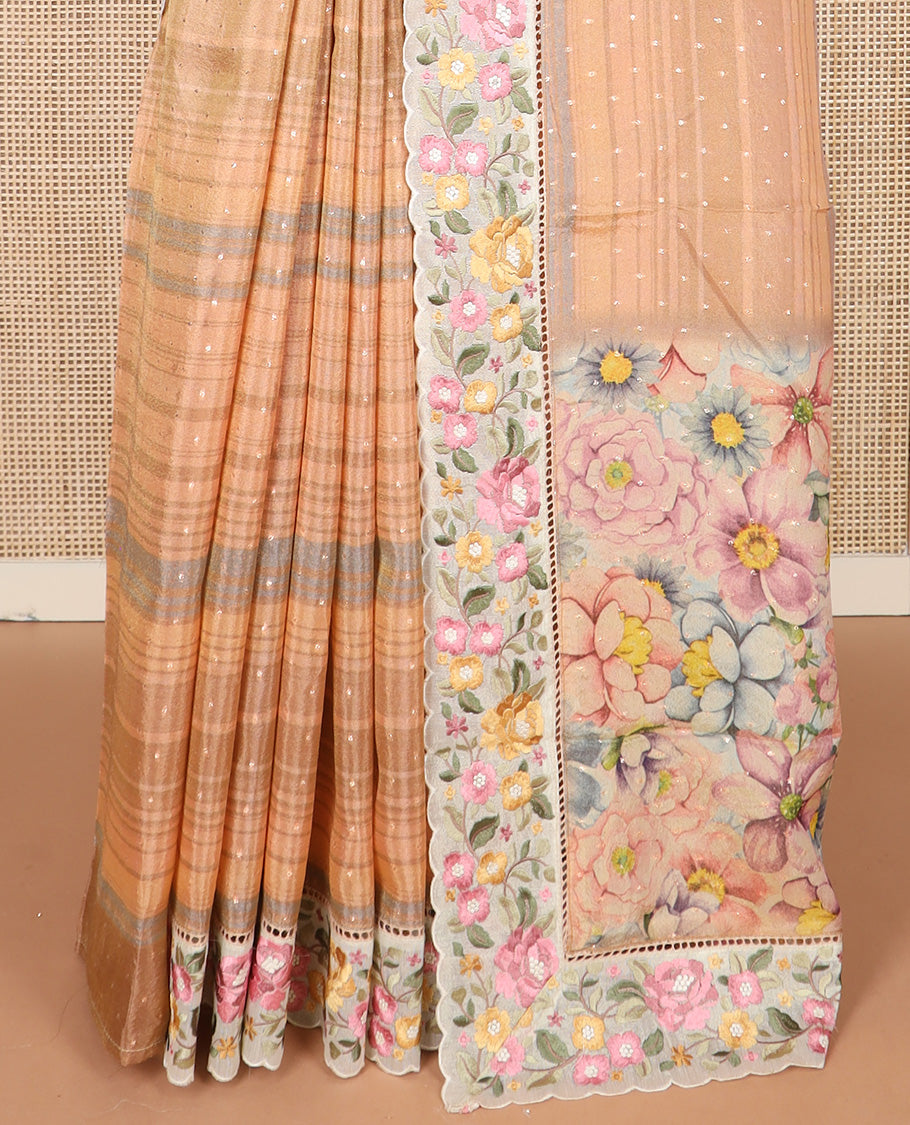Pastel orange dobby-style buttas dola silk saree, contrast floral embroidered scallop border, and floral printed pallu