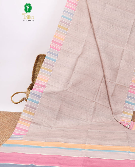 Off White semi-banaras tussar saree with contrast striped border & multi-colored striped pallu