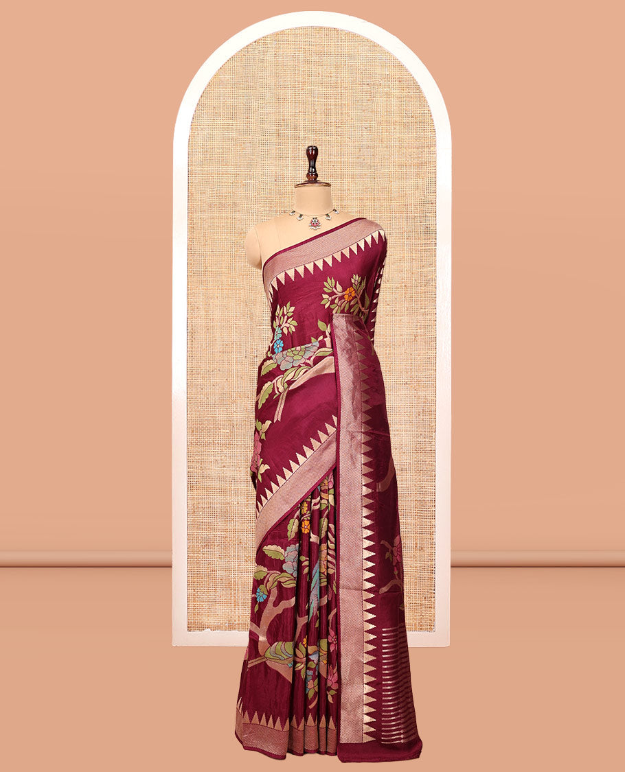 Purple Paithani Floral Motifs Dola Silk Saree, Temple Border, Matching Blouse
