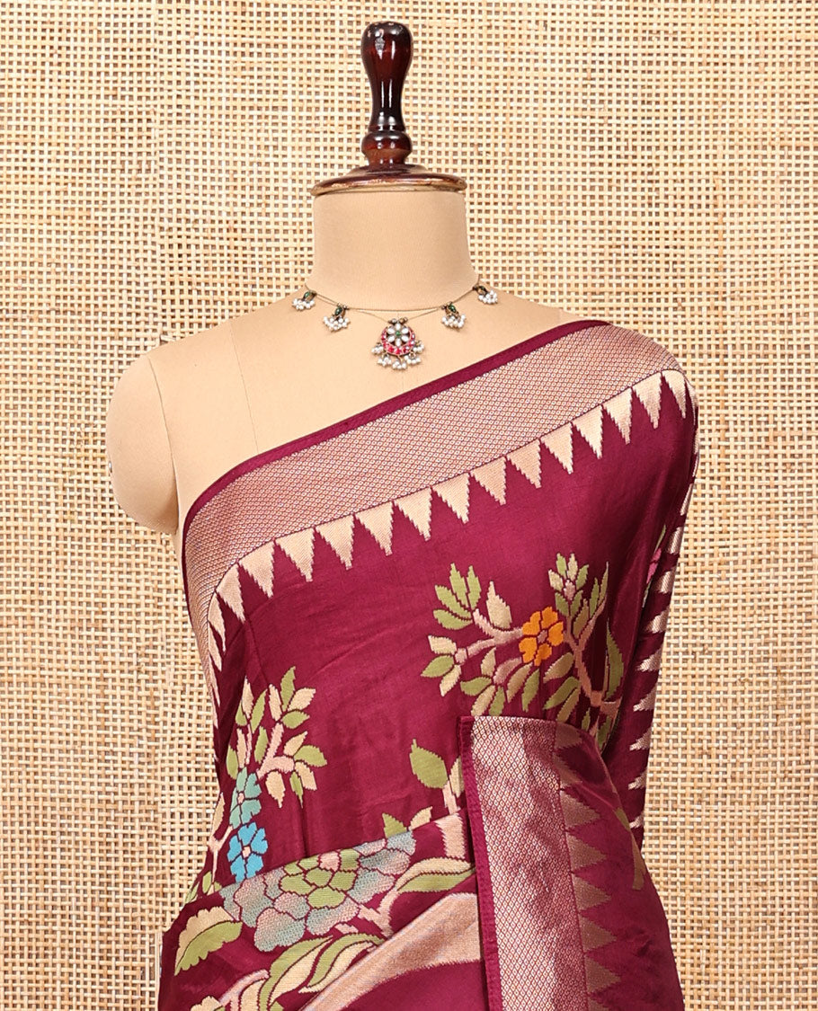 Purple Paithani Floral Motifs Dola Silk Saree, Temple Border, Matching Blouse