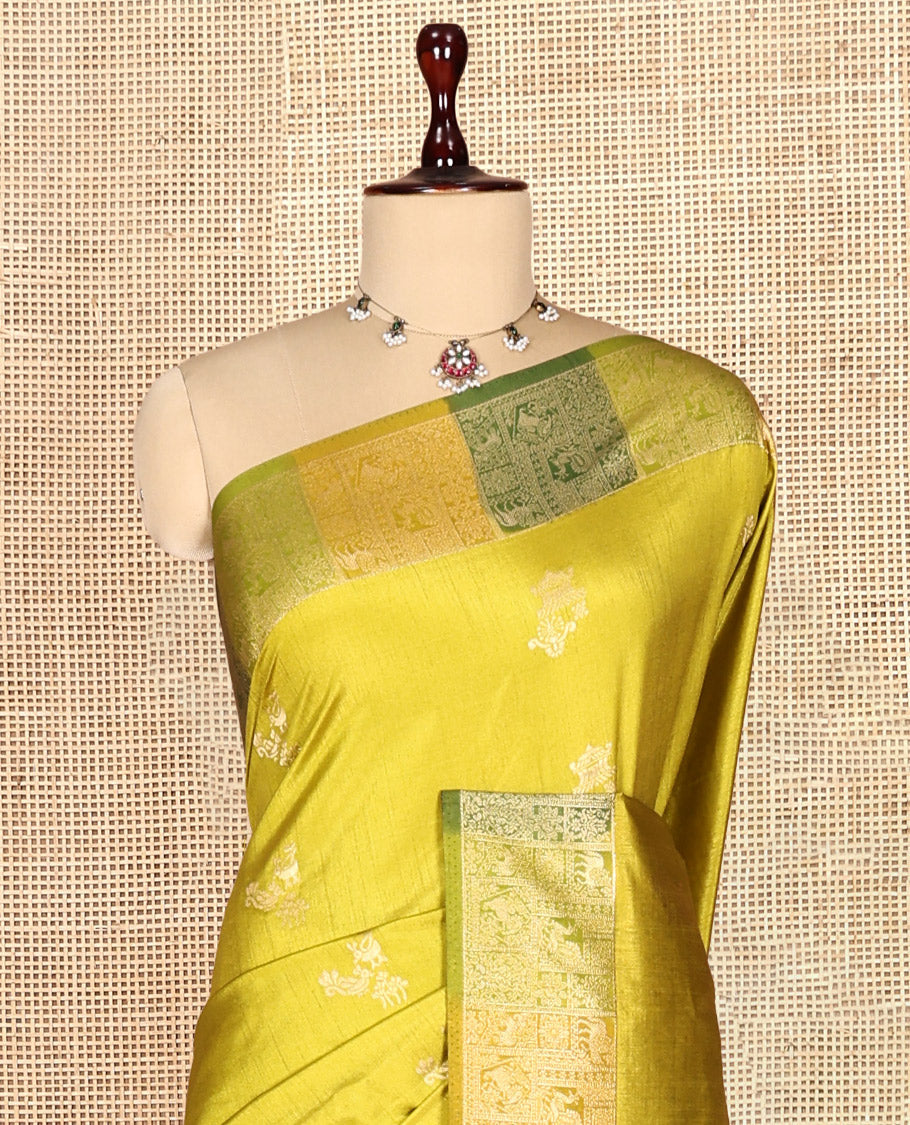 Olive Green Zari Motifs Fancy Raw Silksaree, Contrast Intricate Zari Border, Matching Blouse