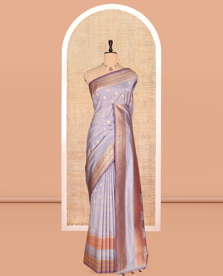 Grey Fancy Raw Silk Saree, Subtly Woven with Buttas, Peacock-Flower Traditional Border, and a Matching Blouse