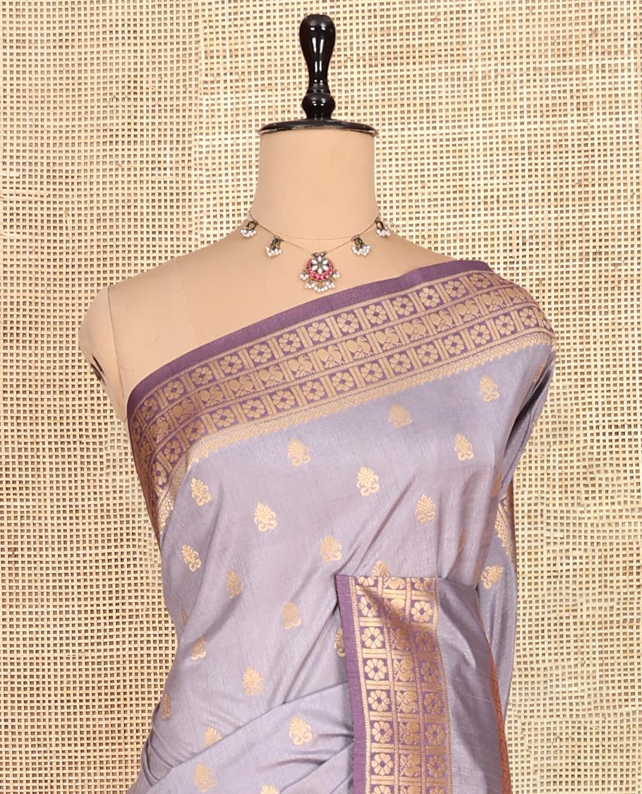 Grey Fancy Raw Silk Saree, Subtly Woven with Buttas, Peacock-Flower Traditional Border, and a Matching Blouse