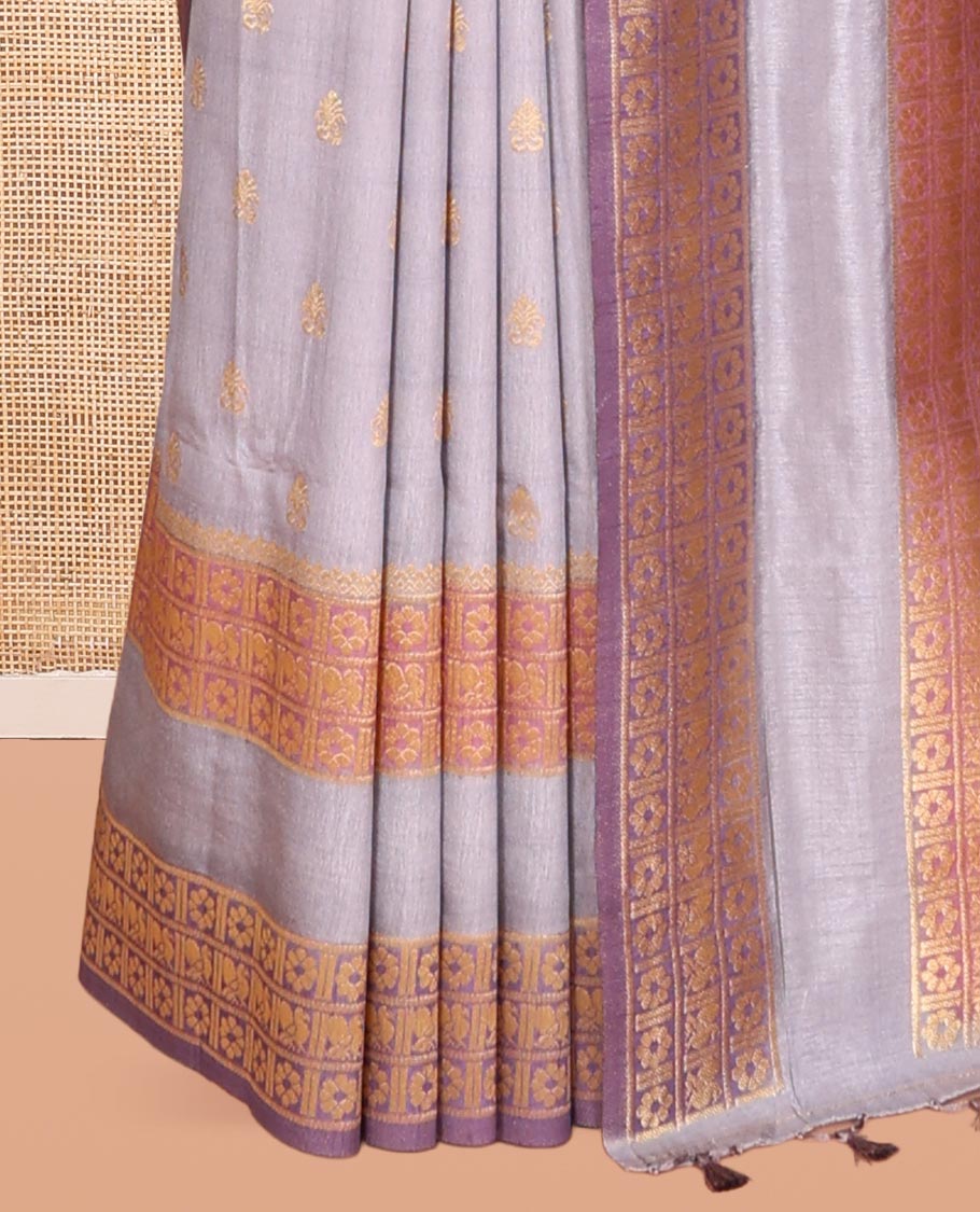 Grey Fancy Raw Silk Saree, Subtly Woven with Buttas, Peacock-Flower Traditional Border, and a Matching Blouse