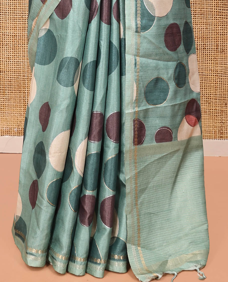 Olive Green Fancy Tussar Saree With Polka Dots, Zari Border, Pallu, and Blouse