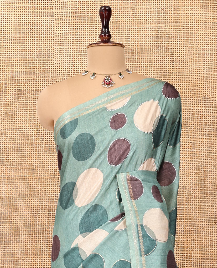 Olive Green Fancy Tussar Saree With Polka Dots, Zari Border, Pallu, and Blouse