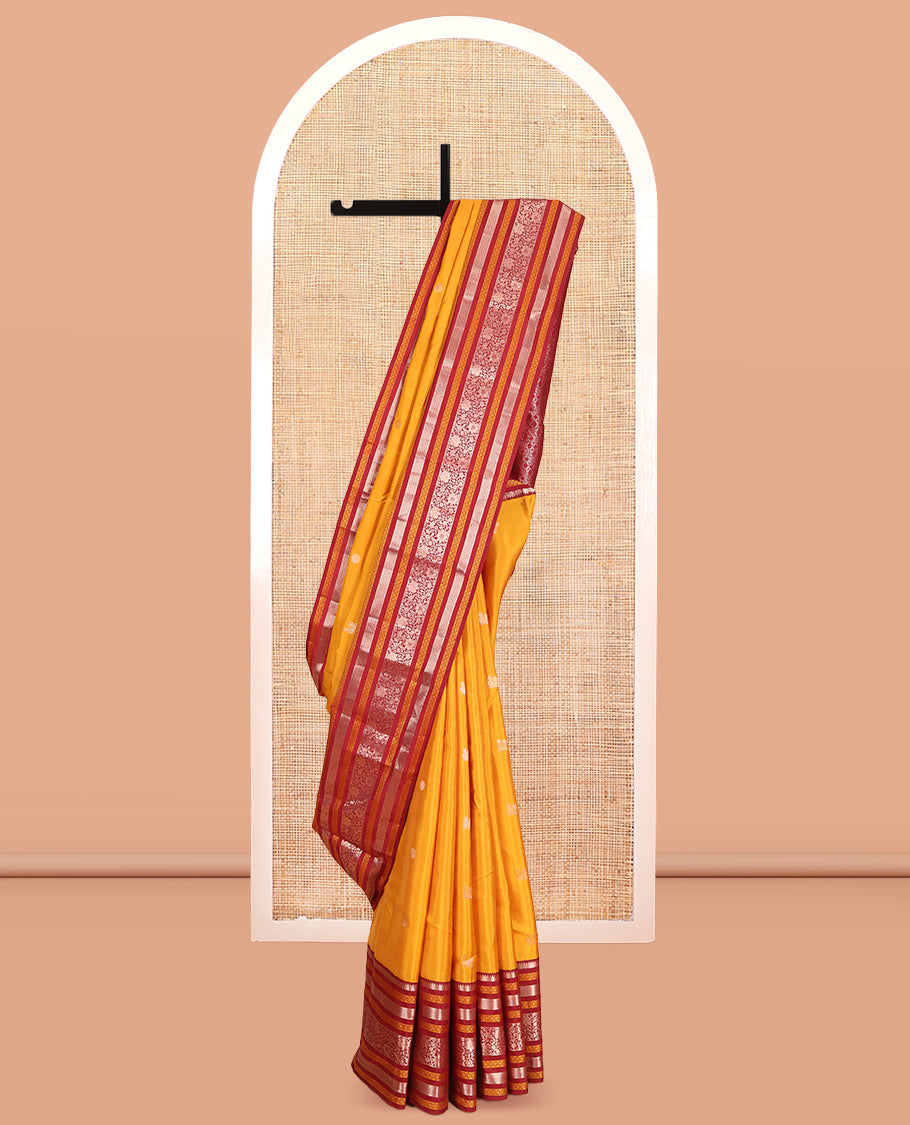 Mustard Mayil-Chakra Buttas Vasundhara Lite Silk Mix Saree, Contrast Traditional Zari Border, and a Contrast Blouse