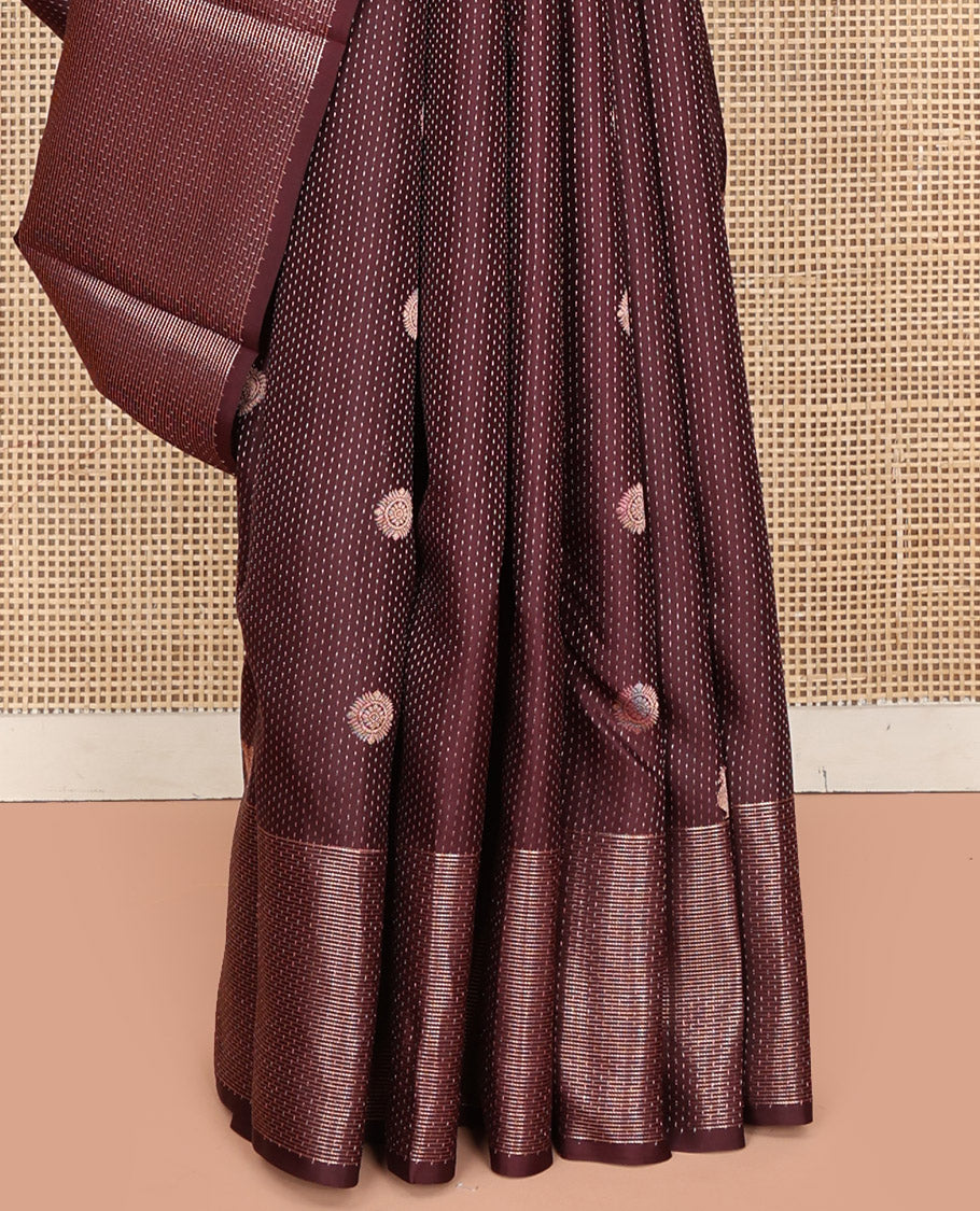 Coffee Brown Vasundhara Silk Saree, Finely Crafted with Raindrop Buttas, and Annam Chakram Bu\ttas on Its Body, Highlighted by a Zari Geometric-Textured Border, Gleaming Copper-Colored Zari Pallu of Jaal Designs, and Paired with a Matching Blouse