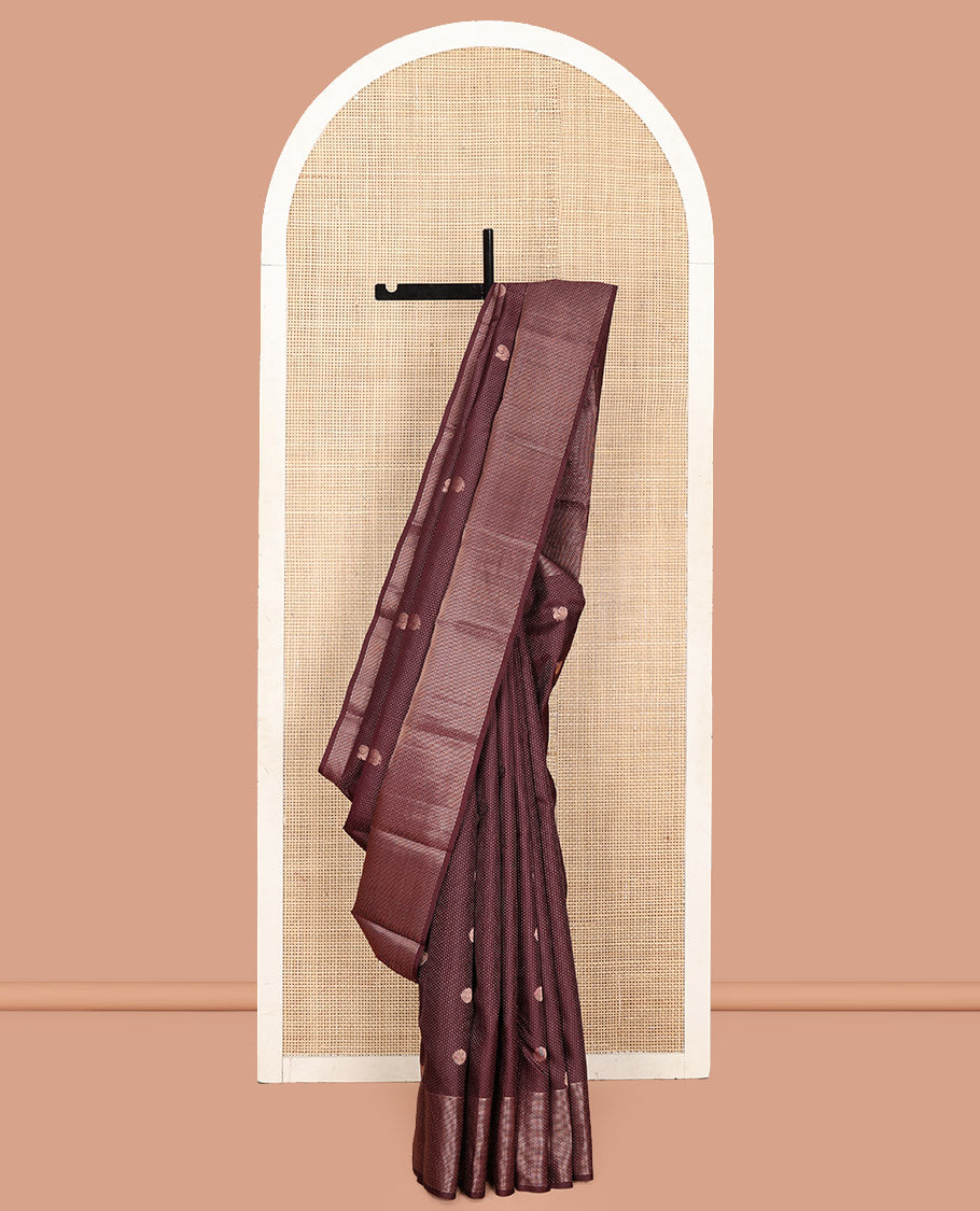 Coffee Brown Vasundhara Silk Saree, Finely Crafted with Raindrop Buttas, and Annam Chakram Bu\ttas on Its Body, Highlighted by a Zari Geometric-Textured Border, Gleaming Copper-Colored Zari Pallu of Jaal Designs, and Paired with a Matching Blouse