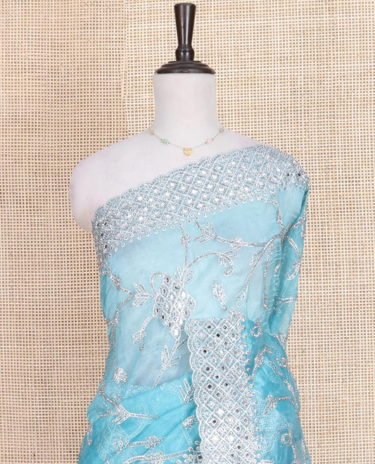 Pale Blue Designer Saree, Richly Detailed with Floral-Jaal Style Mixed Embroidery on Its Body, Highlighted by Jaal-Patterned Scallop Embroidered Border, Self-Design Pallu, and Paired with a Heavy Embroidered Matching Blouse