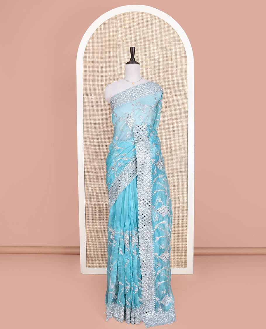 Pale Blue Designer Saree, Richly Detailed with Floral-Jaal Style Mixed Embroidery on Its Body, Highlighted by Jaal-Patterned Scallop Embroidered Border, Self-Design Pallu, and Paired with a Heavy Embroidered Matching Blouse