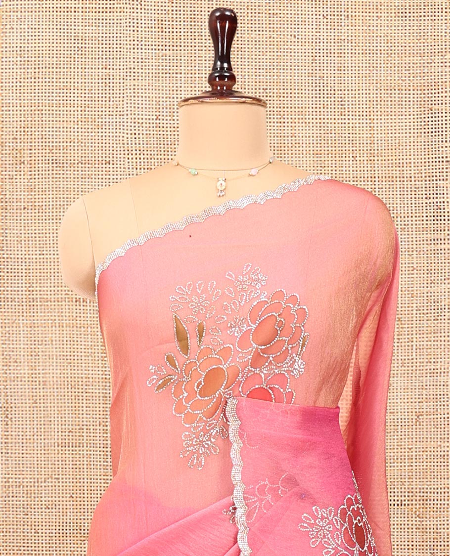 Pink Designer Saree, Creatively Designed with Floral Print and Outline Embroidery On Its Body, Scallop Stone Work Border, and Paired with a Matching Blouse