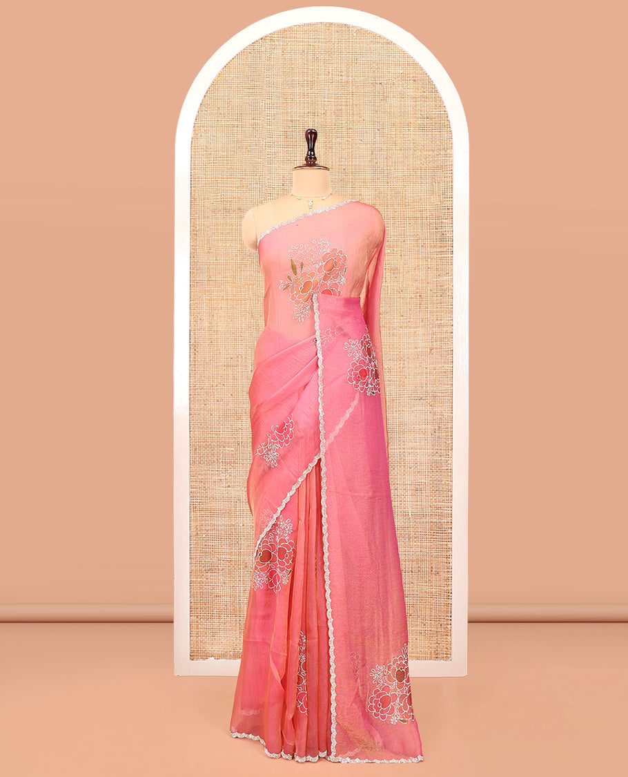Pink Designer Saree, Creatively Designed with Floral Print and Outline Embroidery On Its Body, Scallop Stone Work Border, and Paired with a Matching Blouse