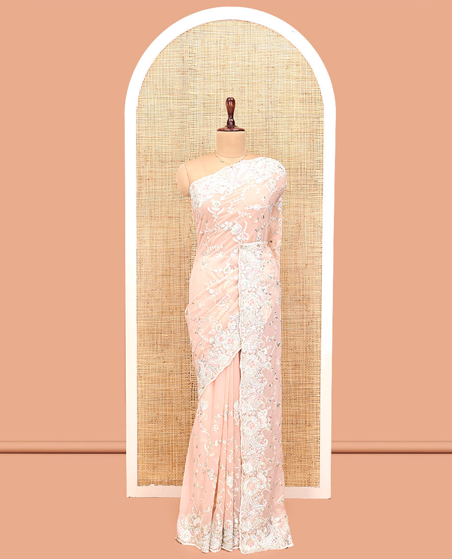 Peach Designer Saree, Impeccably Styled with Floral-Paisley Embroidery, a Scallop Heavy Embroidered Border, and a Matching Blouse