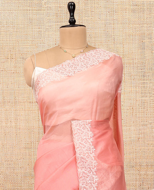 Peach Plain Organza Saree, Floral Vine Sequins Embroidery Border, and Matching Blouse