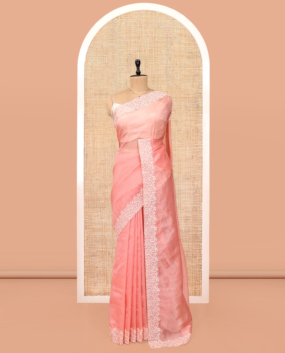 Peach Plain Organza Saree, Floral Vine Sequins Embroidery Border, and Matching Blouse