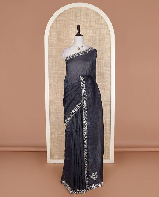 Graphite grey geometric printed designer saree, vine design stone embroidered scallop border